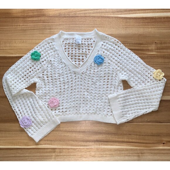 Wild Fable Womens Open-Knit Cropped Sweater w/ Colorful Crochet Flowers Medium - Picture 3 of 12